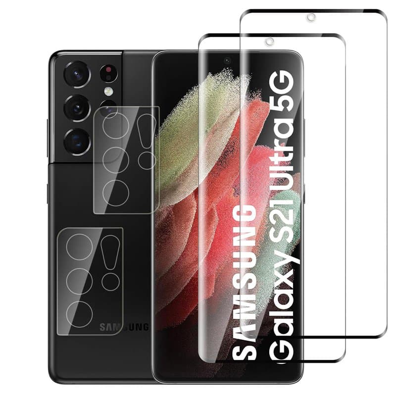 Jinshiweikai Lot de 4, 2 x Verre Trempé pour Samsung Galaxy S21 Ultra et 2 x Protection Ecran Caméra Arrière,3D Incurvé Couvertu