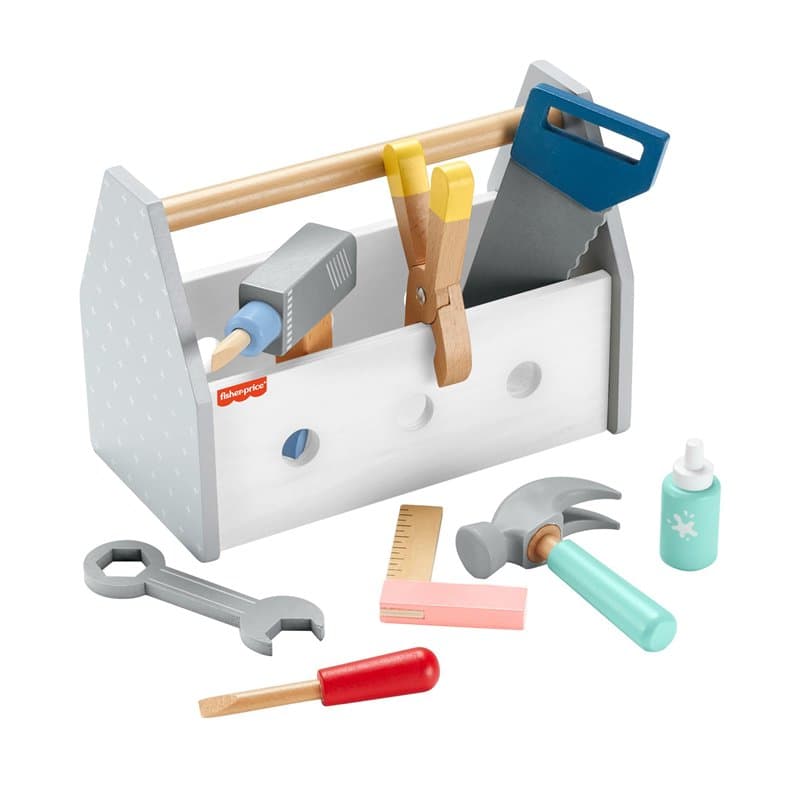 Fisher-Price Coffret Boîte à Outils en Bois Comprenant Une perceuse factice, Jeu d’Imitation avec 9 pièces en Bois, pour Les Enf
