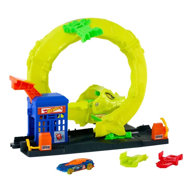 Hot Wheels Station-Service Serpent Coffret avec véhicule en métal moulé à l’échelle 1/64, 2 modes de jeu, looping et piste Speed