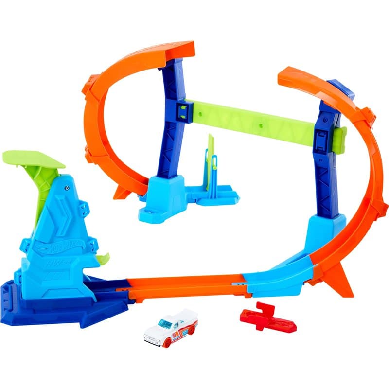 Hot Wheels Coffret Piste Looping et Saut Piste Multi Crash avec une voiture à l’échelle 1/64, pistes et adaptateurs Speed Snap,