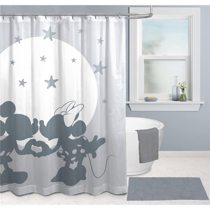 Rideau de Douche Disney Mickey et Minnie 178 x 182 cm - Décoration de Salle de Bains Grise en Tissu