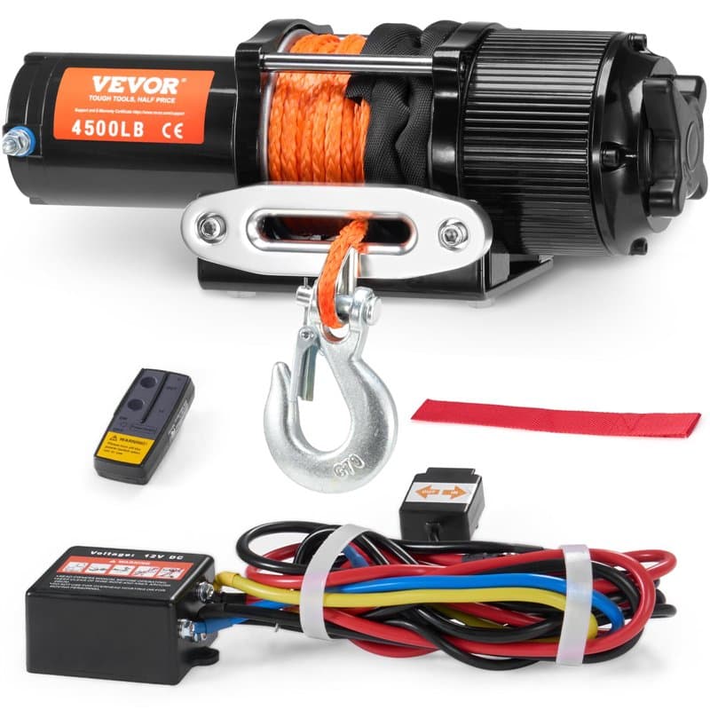 VEVOR Treuil Électrique VTT UTV Capacité de Traction 2041 kg 12 V CC, Corde Synthétique 12 Brins Φ 0,6x1188,7 cm, Guide-câble, T