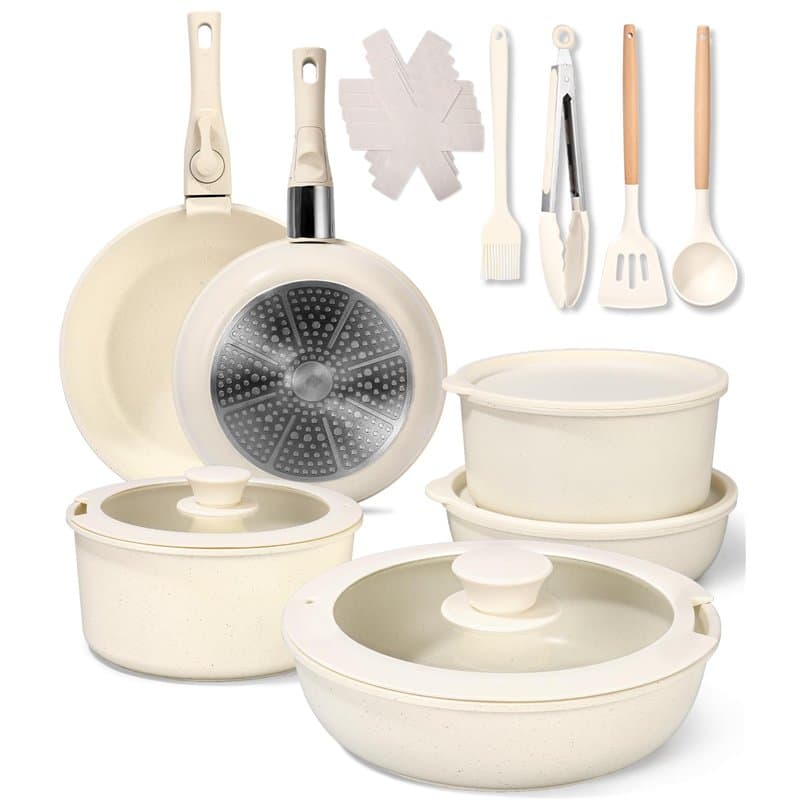 19 Pièces Poele Ceramique et Batterie de Cuisine Induction, Set de Casseroles Tout Feux, Sans PFOA et PTFE, Poêles Antiadhésives