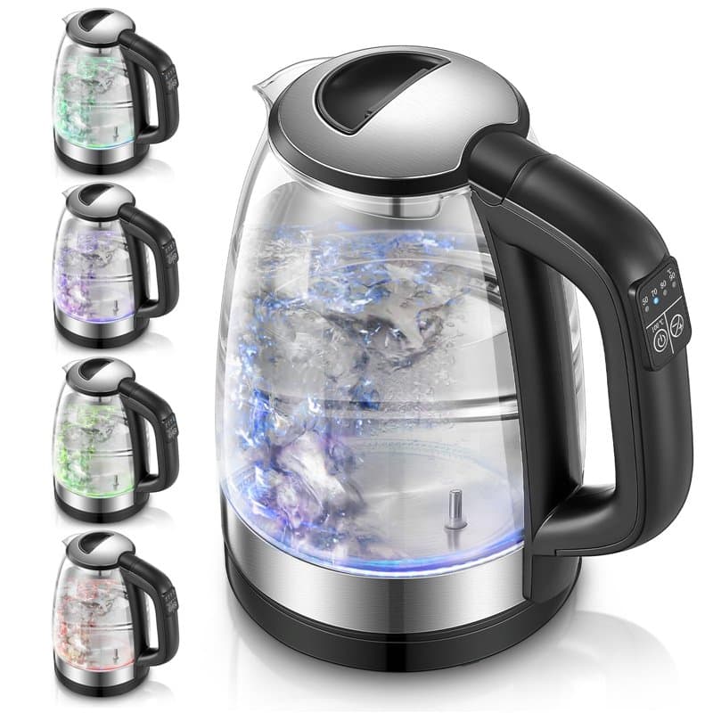 Bouilloire Électrique en Verre 1.7 L, FOHERE Thermostat Réglable 50-100°C, Fonction Maintien au Chaud, 5 Couleurs de LED, 2200W