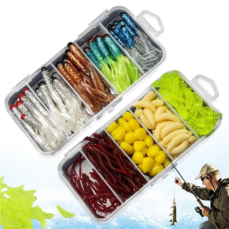 Lot de 210 leurres de pêche réalistes - Vers artificiels - En caoutchouc - Pour truite, brochet, sandre - Pour eau salée et eau