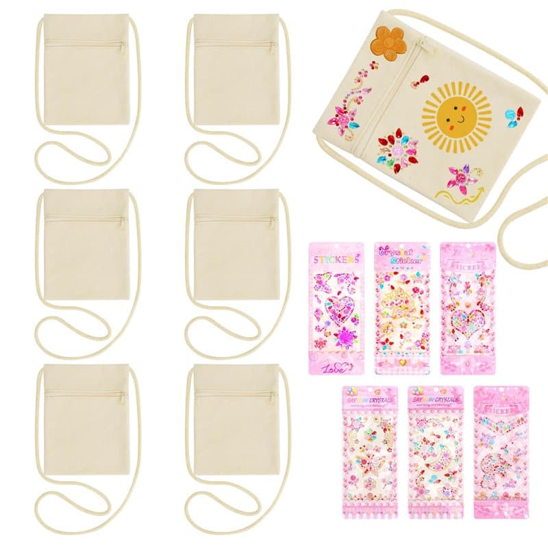 6 Sacs en Tissu à Peindre, 17*13cm Sac en Tissu à Peindre pour Enfant avec 6 Autocollants Strass, Sac en Tissu à Colorier pour C