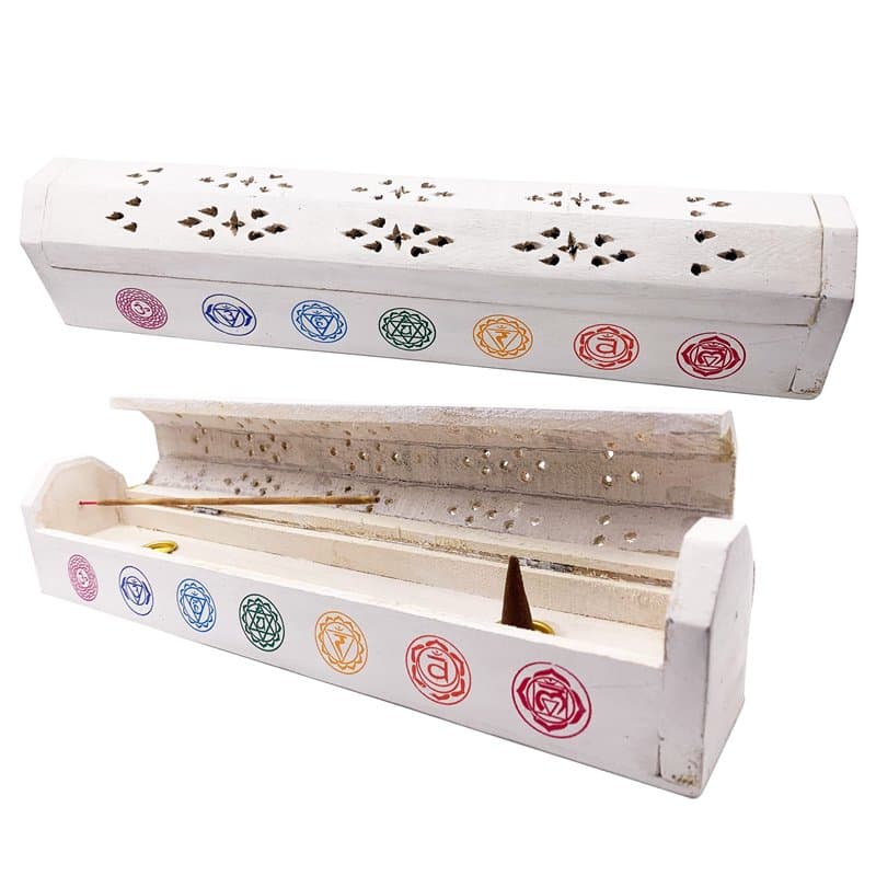 Brûleur Encens (incendiaire) Boîte en Bois décorée à la Main en Inde - Design Exclusif Chakras Blanc 30,5 x 6,2 x 5,5 cm - Poids