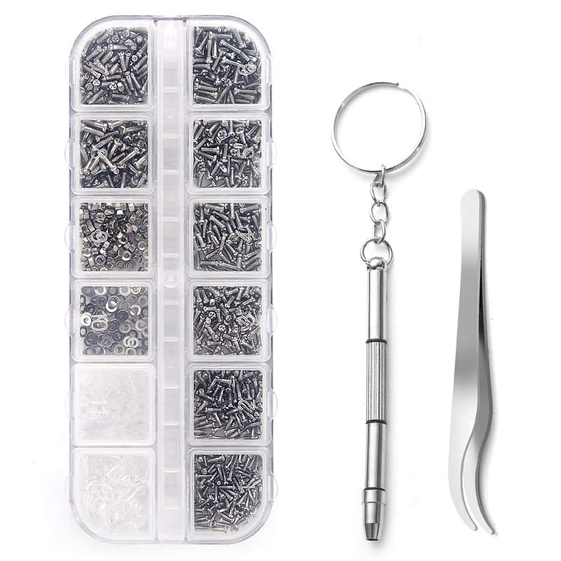 Becory Kit de réparation de lunettes, 1100 petites vis et 5 paires de plaquettes de nez en acier inoxydable avec micro tournevis