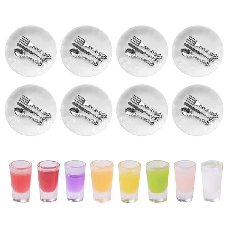 CVDYWDJIE 8 Ensembles De Modèles De Vaisselle Et 8 Tasses De Modèles De Jus, Vaisselle Miniature Simulée, Accessoires De Maison