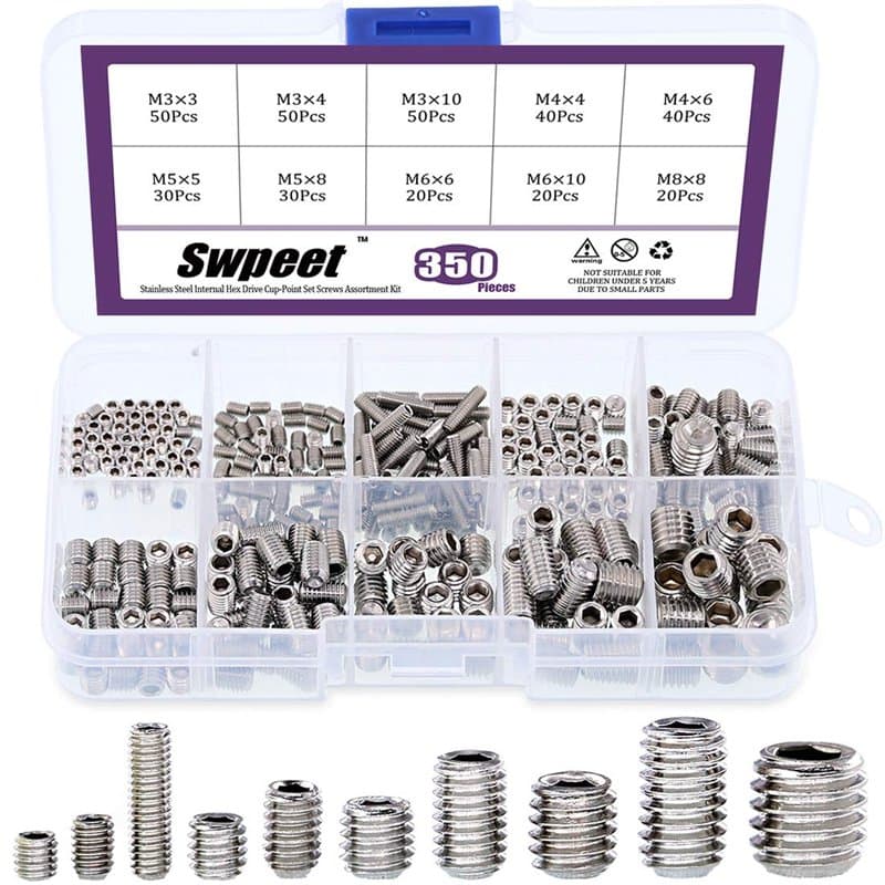 Swpeet Assortiment de 350 vis à tête hexagonale en acier inoxydable, y compris 10 tailles M3/4/5/6/8, vis hexagonales internes e