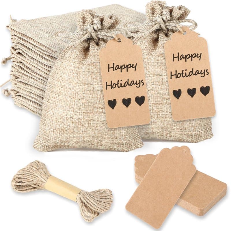 Pochon tissu,Sac toile de jute,Ensemble de 25 pièces avec étiquette, cordon de serrage et sacs cadeaux réutilisables, adapté pou