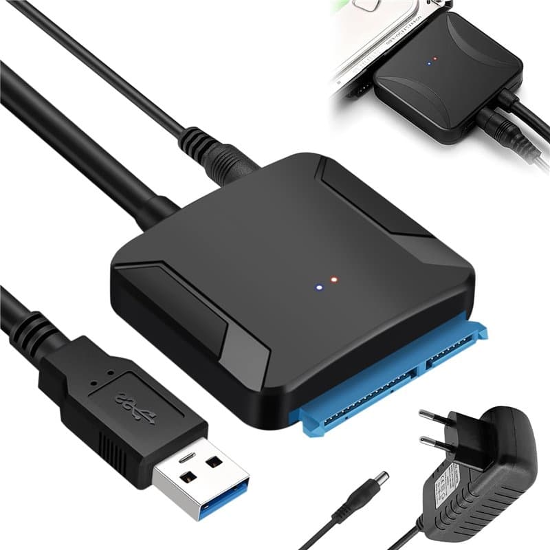 LEKEFETO Câble adaptateur SATA vers USB 3.0 pour disque dur 2,5/3,5" HDD/SSD - Avec adaptateur secteur 12 V/2 A, haute vitesse 6