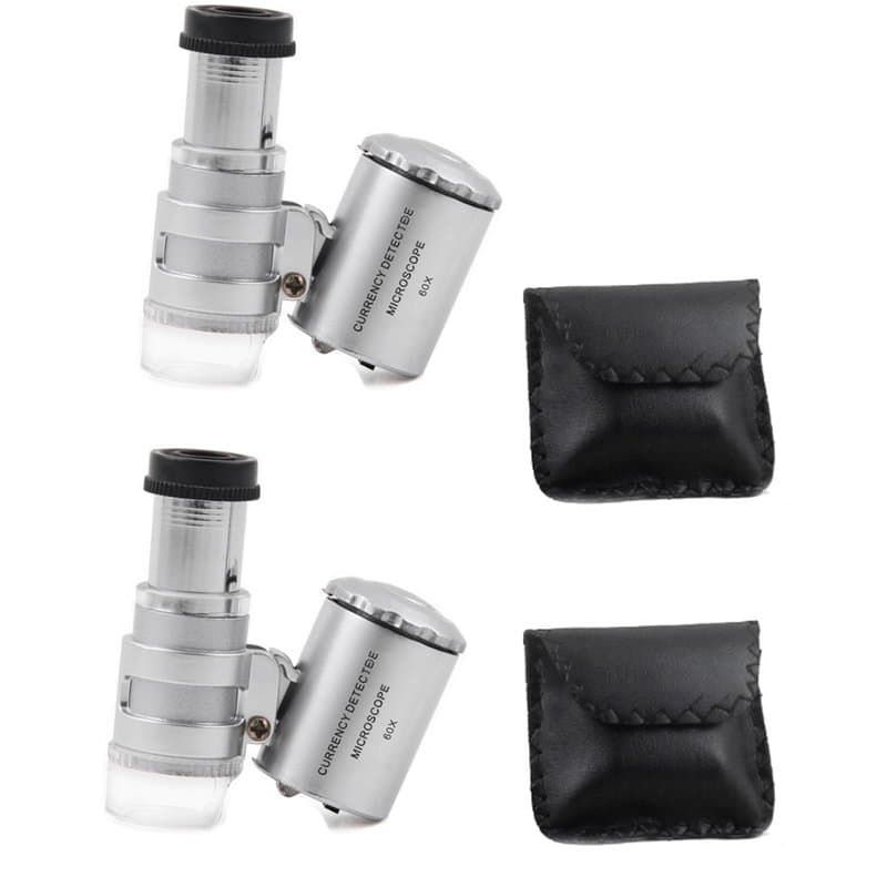 Lot de 2 mini microscopes de poche 60x, loupe de poche 60x, loupe de poche avec fonction LED et lumière UV, microscope de poche