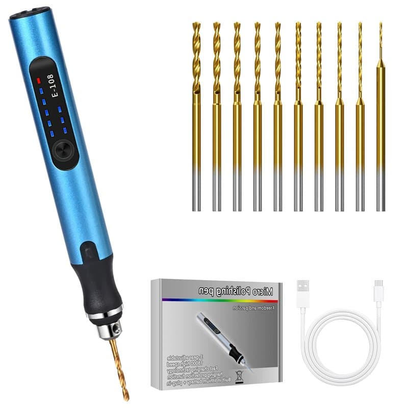 Vankarr - Perceuse électrique à 3 vitesses - Rechargeable - Avec 10 forets - Pour modélisme, bois, résine, fabrication de bijoux