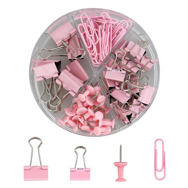 Lot de 72 punaises rondes roses 4 en 1 comprenant 20 punaises, 30 trombones, 15 petites pinces à blinder, 7 grands pinces, fourn