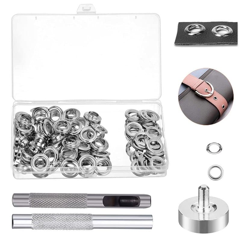Oeillet Couture,Oeillet Inox 100 Kit de Grommets Outils à Oeillet de Rangement pour Bâche en Tissu Bricolage Craft 6 mm Ensemble