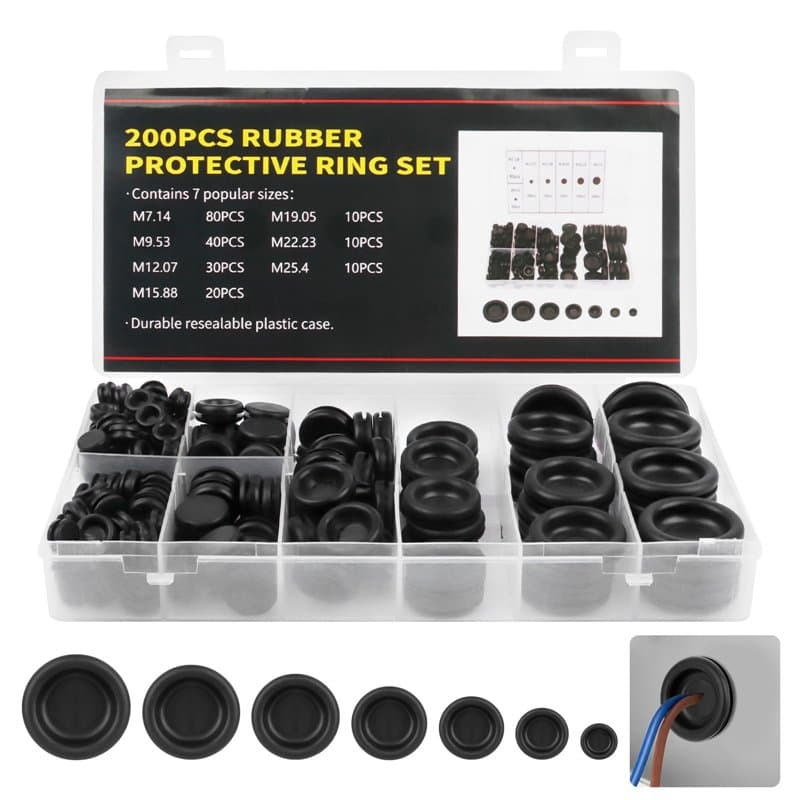 Bouchons en Caoutchouc 200 Pièces, Passe Fil Caoutchouc, Câble en Caoutchouc, Assortiment Oeillet en Caoutchouc pour Protéger Le