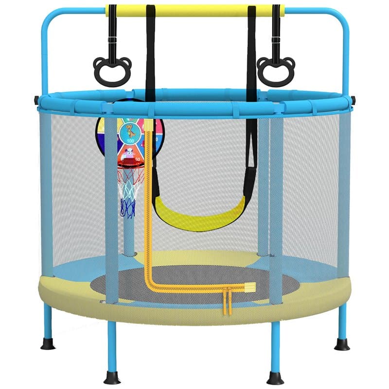PILIN Trampoline, Trampoline Multifonctionnel 4 en 1, avec balançoires, Barres, cerceaux, paniers de Basket-Ball/fléchettes, cap