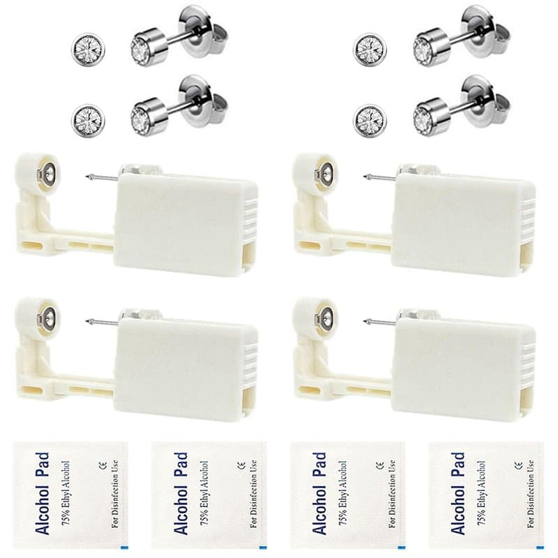 Lot de 4 pistolets de perçage d'oreille jetables avec clous d'oreilles de sécurité (diamant blanc)