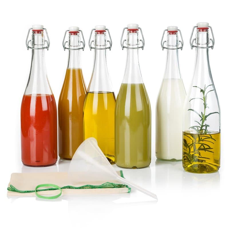 myFERMENTS Bouteilles en Verre avec Bouchons - Kit de Fermentation 6 Bouteilles 750ml à Bouchon Mécanique, Entonnoir 10cm, Tissu