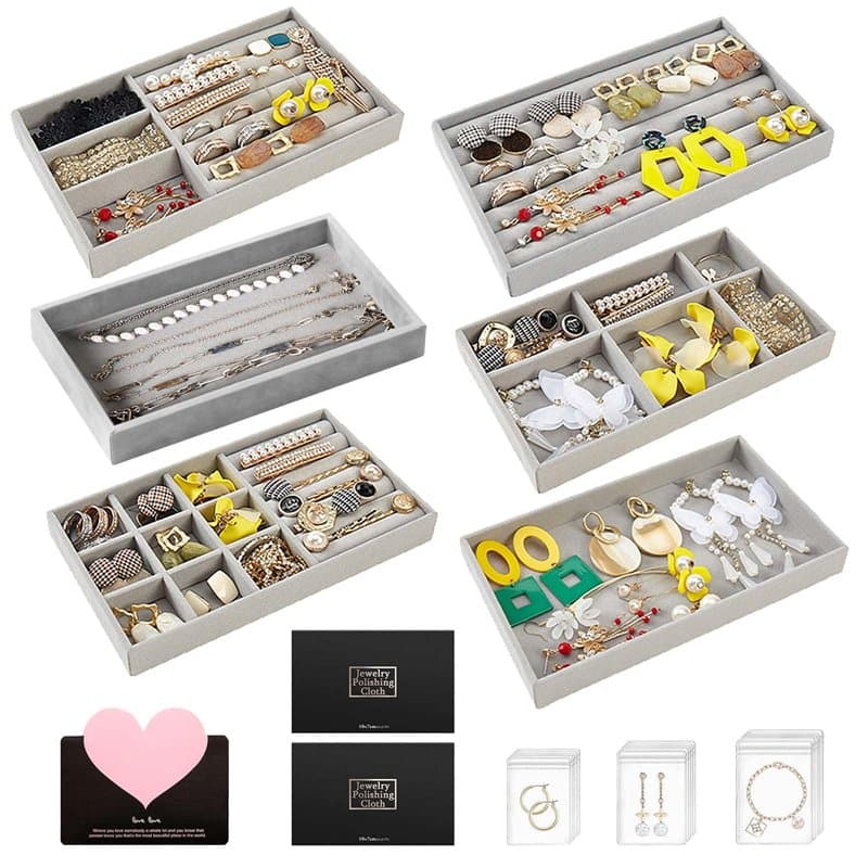 SAMISO Organisateur Bijoux Tiroir,Plateau à Bijoux Empilable,Plateau Bijoux Velours a 6 Styles Différentes,Pour Ranger et Présen