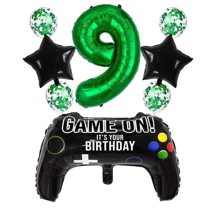 Liitata Jeu vidéo 9ème anniversaire décoration garçon anniversaire fête chiffre 9 ballons en aluminium vert grand contrôleur de