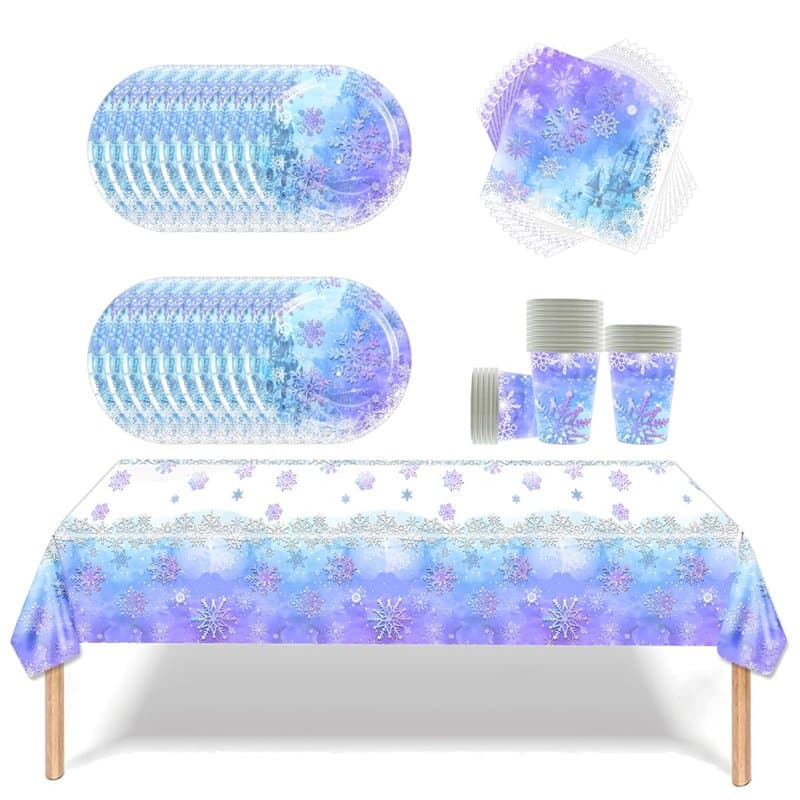 Fuwraixis Vaisselle de fête Frozen,Set de Vaisselle flocon de neige bleu et violet,20 serviettes de table 20 gobelets en papier
