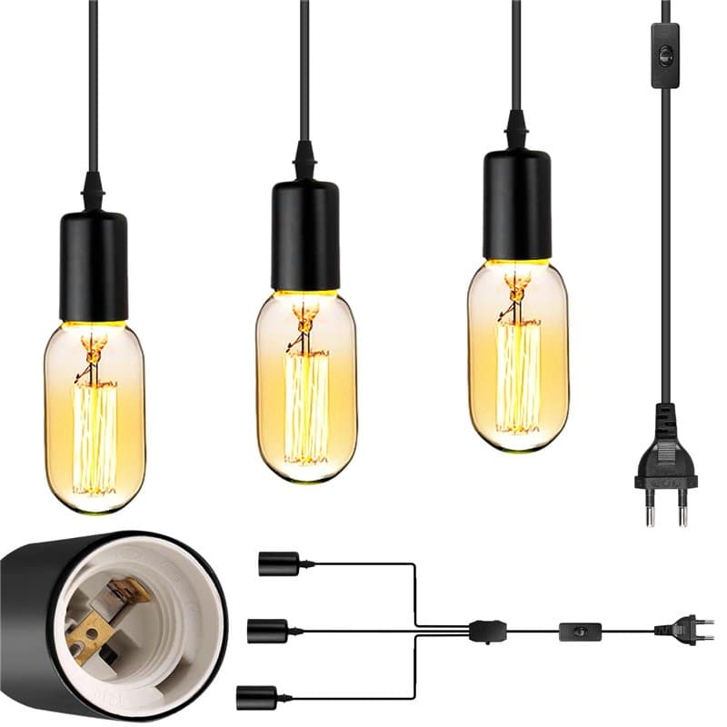 Suspension à 3 lumières réglable avec prise 4,8 m, douille de lampe à faire soi-même avec câble, douille E27 pour salle à manger