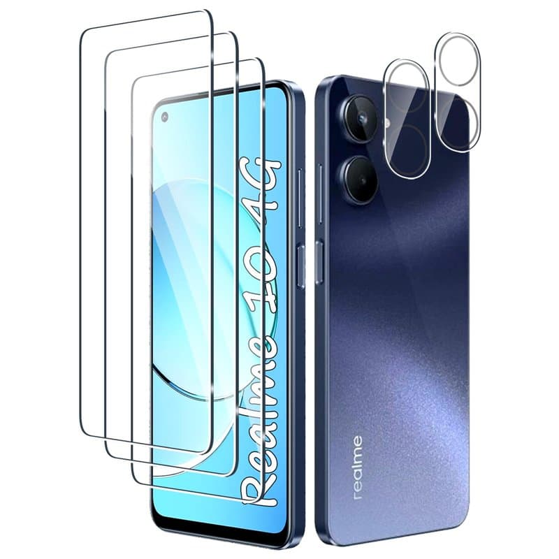 Fyqzio [3+2 Pièces Verre Trempé Pour Realme 10 4G et Caméra Arrière Protecteur,Sans Bulles,9H Dureté,Anti-Rayures,HD Film Protec