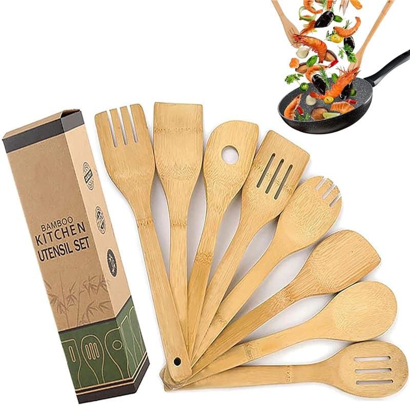 Lot de 8 Ustensiles de Cuisine en Bambou, Cuillères et Spatules en Bois, Anti-adhésifs et Wok, Spatule Pelle, Ensemble D'ustensi
