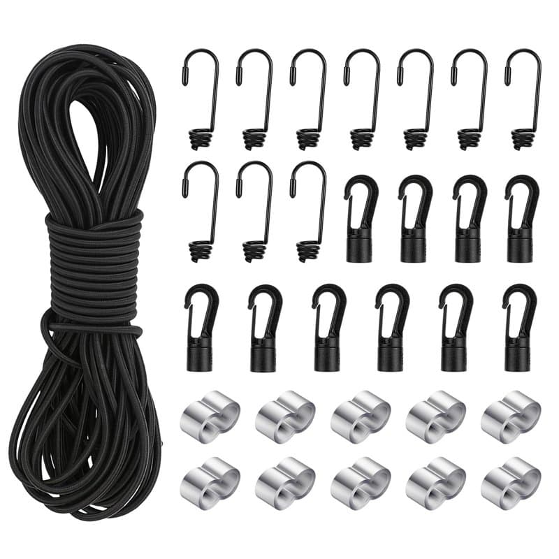 Farerkass Elastique en Caoutchouc, 6mm×15m Corde en Caoutchouc Avec 10 Crochets en Spirale, 10 Crochets en Plastique, 10 Pinces