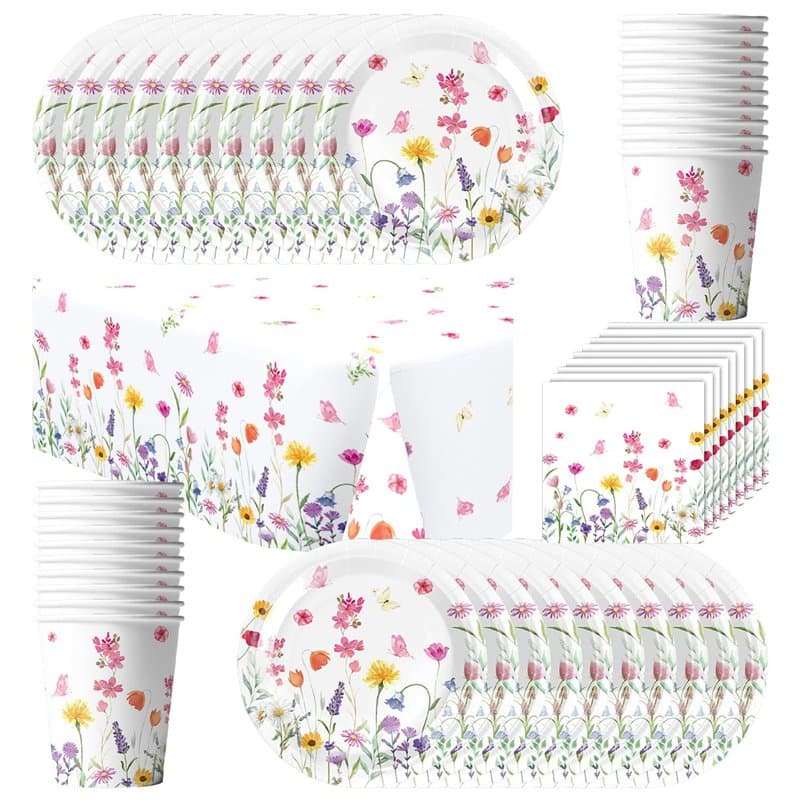 Vaisselle de fête à fleurs de printemps, 61 pièces avec assiettes, tasses, serviettes et nappes pour fête d'anniversaire pour 20