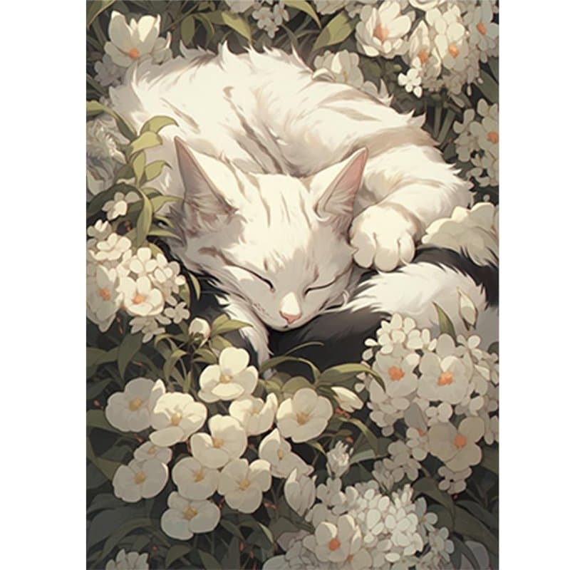 DCIDBEI 40x50CM DIY Rond Diamond Painting Chat Blanc en Fleurs, Tableau Diamant Animaux, Kits Broderie Point de Croix Diamant De