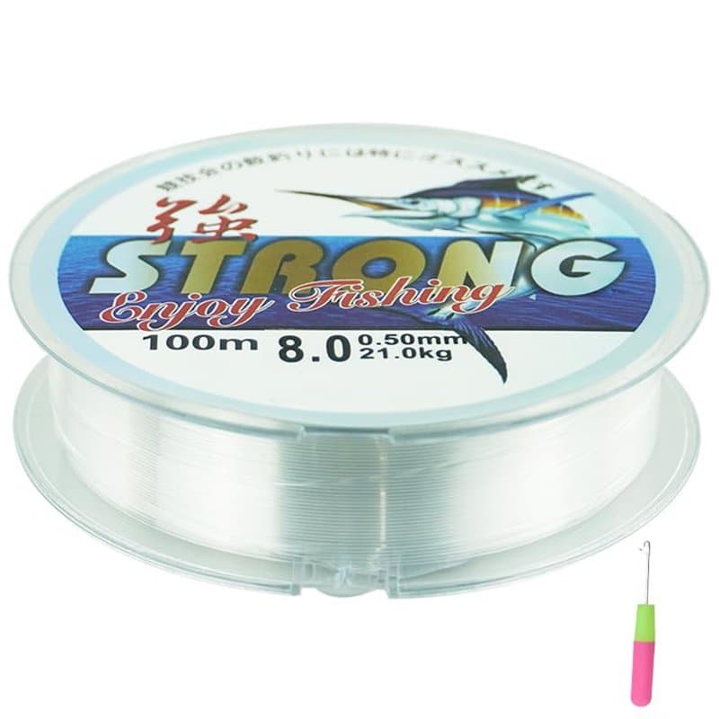 100 mètres de fil de pêche avec 1 crochet, 0,5 mm monofilament en nylon transparent, fil de pêche à tension solide, fil de pêche
