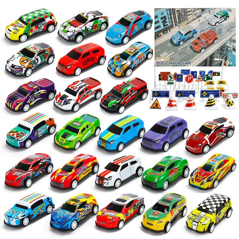 MUXIWOM Voiture Enfant 24 Pièces Petites Voitures Jouets en Métal avec Barrage Routier & Tapis de Jeu 6,8cm Mini Jouet Voiture B