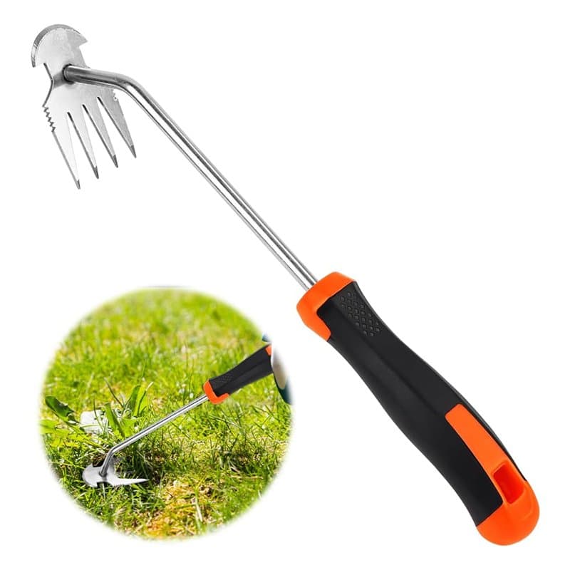 mizikuu Outil de Désherbage Manuel, 4 Dents Outil de Desherbeur Jardinage Arrache Mauvaise Herbe Acier Inoxydable avec Long Manc