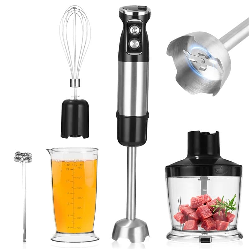 Zhufas Mixeur Plongeant Inox 5 in 1 Mélangeur à Main Multifonction 1000W, 12 Vitesse Réglable, avec Fouet, Hachoir de 500ml et V