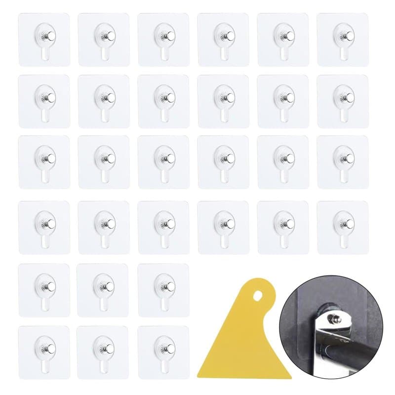 Lot de 30 crochets adhésifs robustes sans clou - Transparents - Avec 1 grattoir en plastique pour salon, chambre à coucher, sall