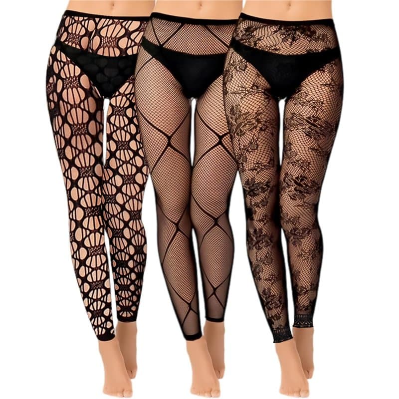 Makoto Nobu 3 Paires Collants sans Pieds en Résille, Collant Femme Fantaisie, Taille Haute en Résille Leggings pour Femme, Noir,