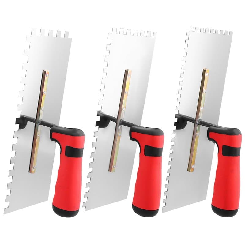 QWORK Truelle dentee 3 pices - Dents 6/8/10 mm - Truelles de lissage INOX 280x107 mm - Soft Grip Rouge