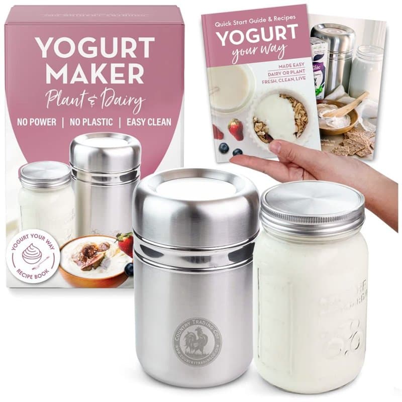 Yaourtière en acier inoxydable avec pot en verre de 1 litre et livre de recettes complet pour faire plus de 12 yaourts faits mai