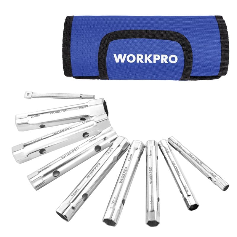 WORKPRO Jeu de 9 Clés à Bougie et à Pipe, Clés à Tube de 6x7 à 20x22 mm avec Barre de Rotation et Sac de Rangement, pour Réparat