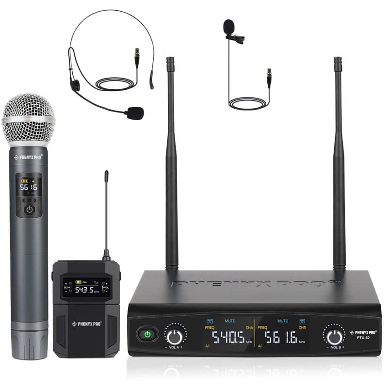 Phenyx Pro Système de Microphones sans Fil, avec Micro à Main/Poche/Casque/Cravates micros, 2 x 30 fréquences UHF, Micro sans Fi