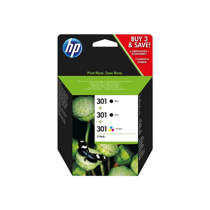 HP 301 Pack de 3 Cartouches d'Encre, 2 Noires et 1 Trois Couleurs Authentiques (E5Y87EE) L'emballage peut varier