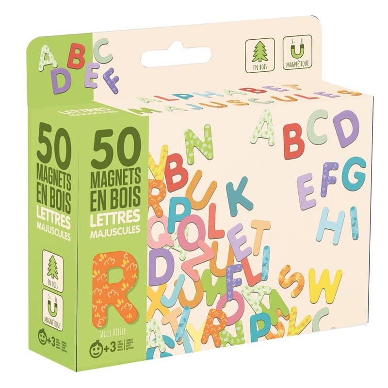 Jeujura - Magnets Bois 50 Lettes Majuscules - pour accompagner Les Tableaux - Aimantées en Bois - Familiariser avec l'écriture -