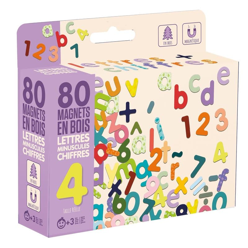 Jeujura - Magnets Bois 80 Lettes Minuscules, Chiffres et Signes - pour accompagner Les Tableaux - Aimantées en Bois - Familiaris
