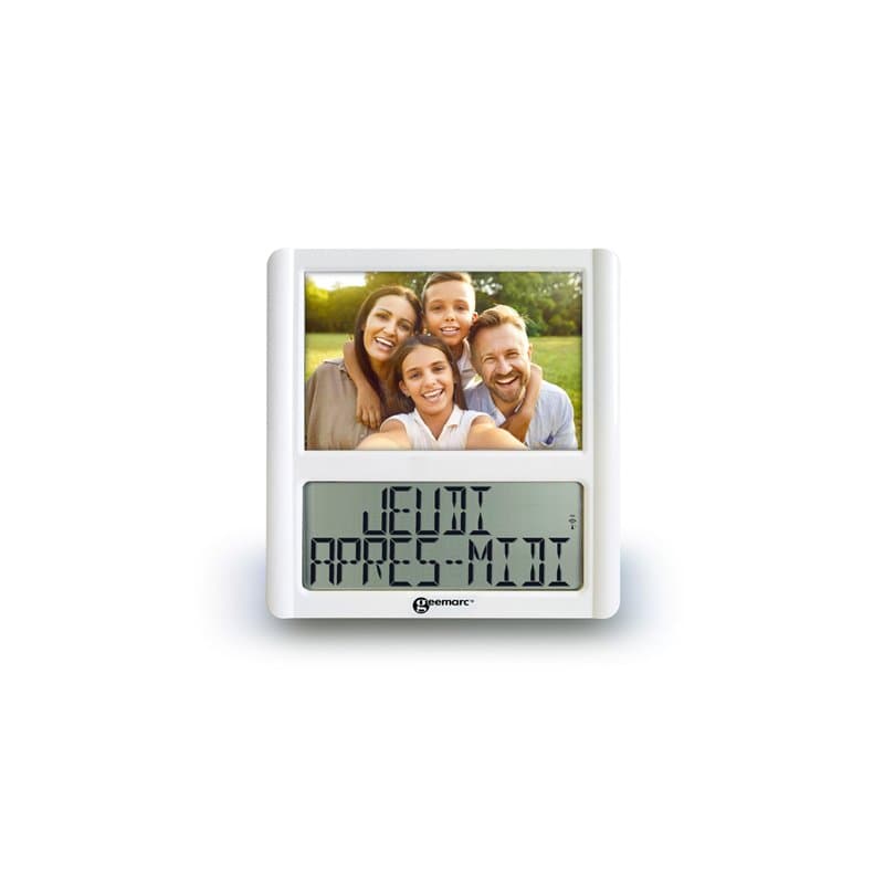 Horloge Calendrier Numérique et Son Cadre Photo Personnalisable - La Viso5 de Geemarc avec Réglage Automatique de l’Heure pour L