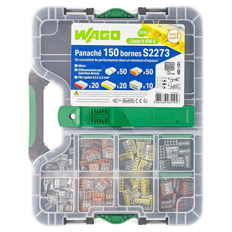 Wago - Malette de 150 bornes de connexion S2273 2, 3, 4, 5 et 8 entrées pour fils rigides, Cuivre