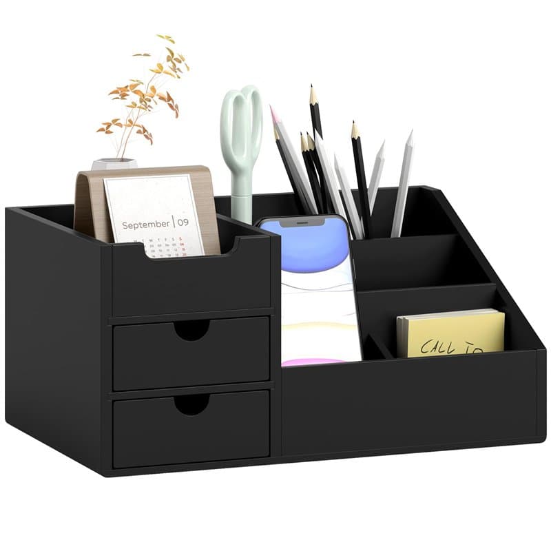 HOMCOM Boite de Rangement de Bureau - Organiseur de Bureau - 7 Compartiments, 2 tiroirs - Bambou Verni Noir