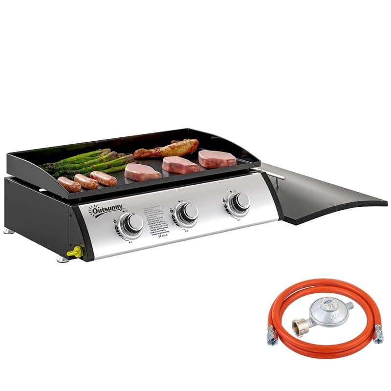 Outsunny Plancha gaz 3 brûleurs 7,5 kW, surface cuisson 61 x 35,5 cm avec couvercle, gaz liquéfié/propane, portable pour extérie